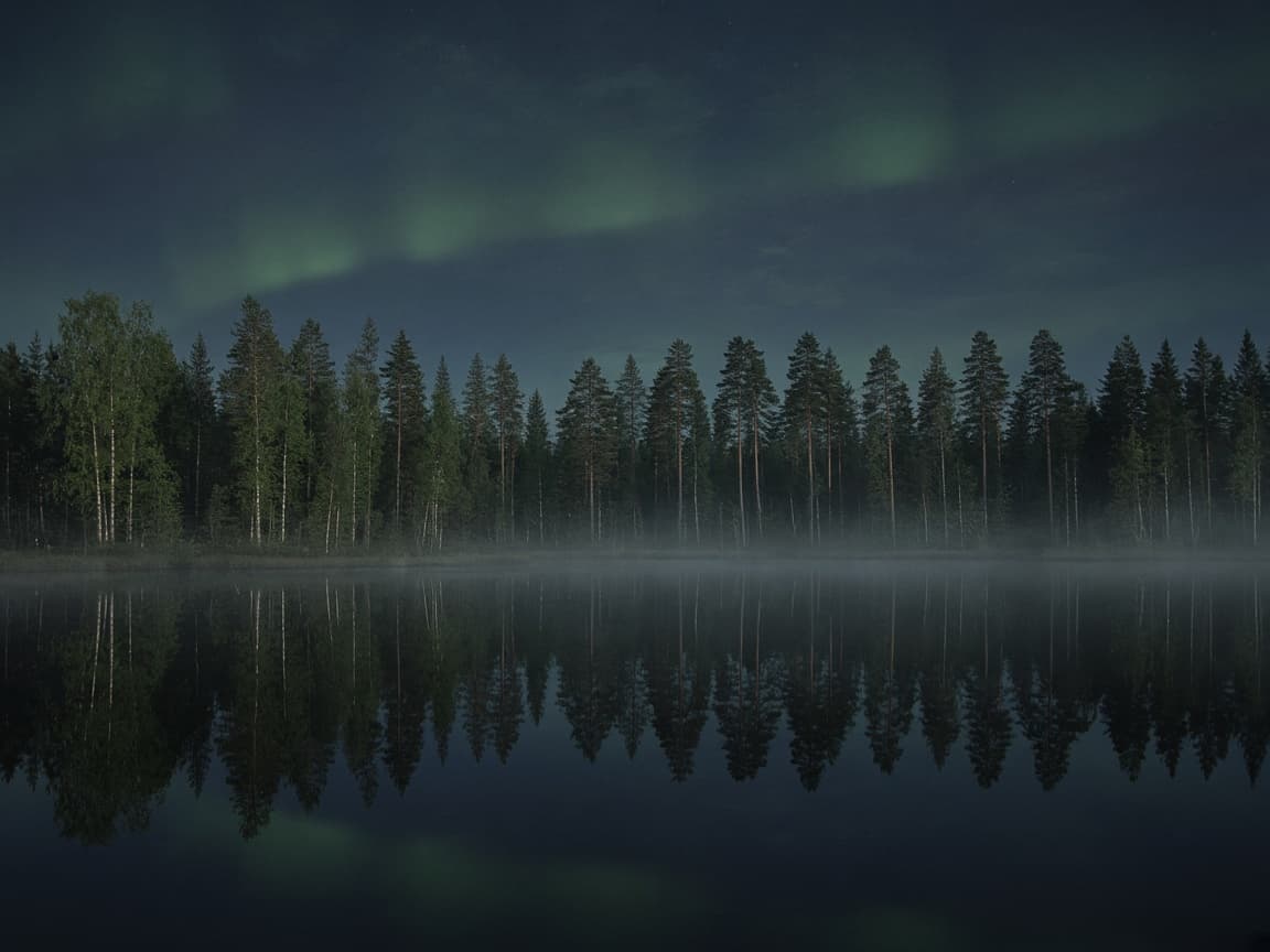 A misty Finnish lake under a faint aurora